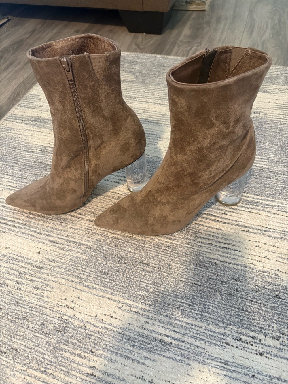 Jeffrey Campbell Taupe Suede Ankle Boots with Clear Block Heel